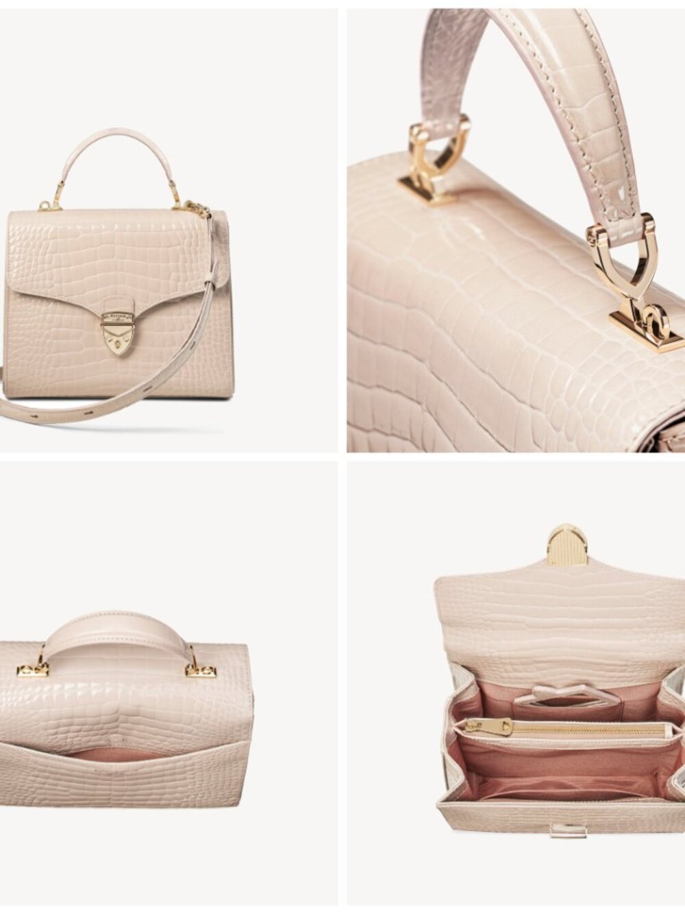 Aspinal of London Mayfair Large Bag Handbag Soft Taupe Patent Croc Beige WOO OWO - Picture 2 of 12